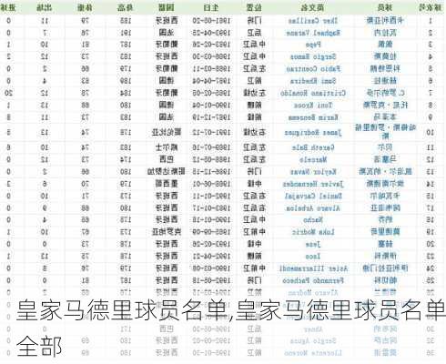 皇家马德里球员名单,皇家马德里球员名单全部